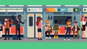 Vector illustraion depicting public tansit concept. Close up of subway or underground train car filled with people of different genders and races