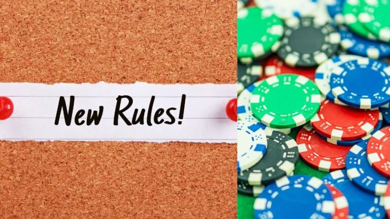a cork board with new rules pinned to it next to poker chips