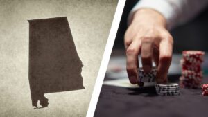 a map of Alabama next to a dealer counting chips