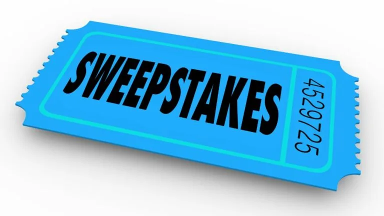 digital illustration of blue raffle-style ticket on white background. Ticket reads sweestakeshorizontally in black, with number in lighter black font appearing vertically on right