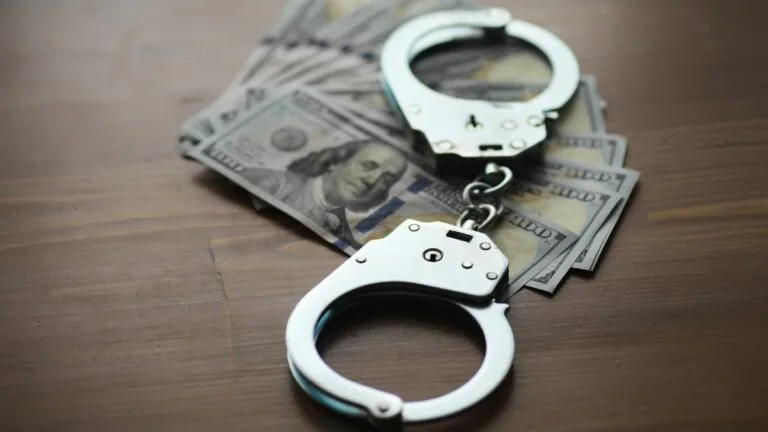 a pair of handcuffs over a series of hundred dollar bills