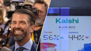 donald trump jr next to a picture of a kalshi monitor advertisement