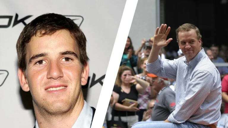 eli manning headshot next to peyton manning riding in a parade