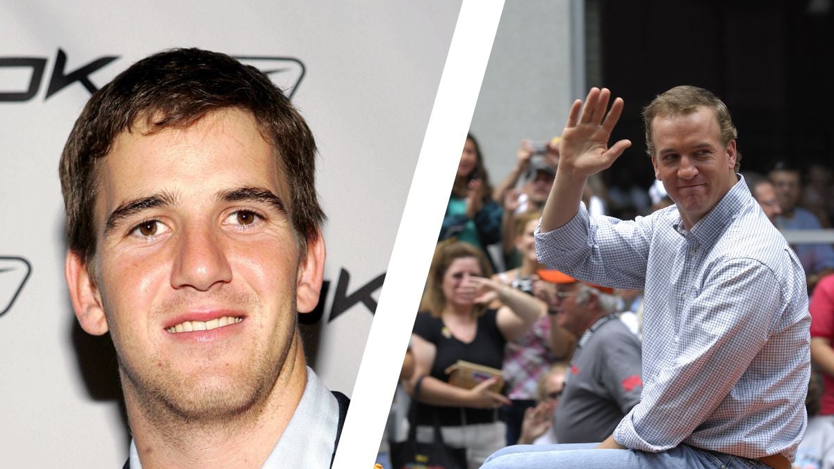 eli manning headshot next to peyton manning riding in a parade