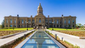 Sunny panoramic view of Wyoming state capitol building in Cheyenne.