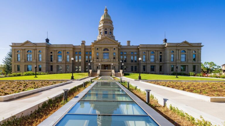 Sunny panoramic view of Wyoming state capitol building in Cheyenne.