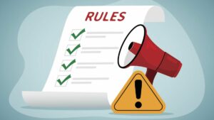 blue-gray background, iuulstration features paper with rules written at top and a checklist checked off. To the right is a red megaphone and a danger road sign
