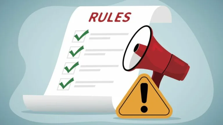 blue-gray background, iuulstration features paper with rules written at top and a checklist checked off. To the right is a red megaphone and a danger road sign