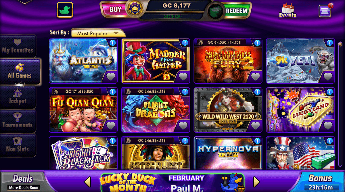 LuckyLand Slots lobby with freshly claimed bonus