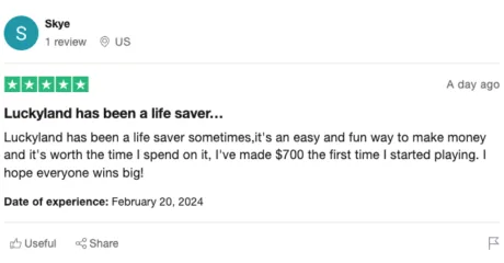 LuckyLand Trustpilot Review 3