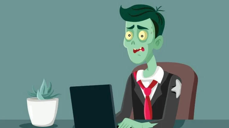 Cartoon-style illustration of zombie worker typing on laptop. Depicts trying again, coming back from the dead