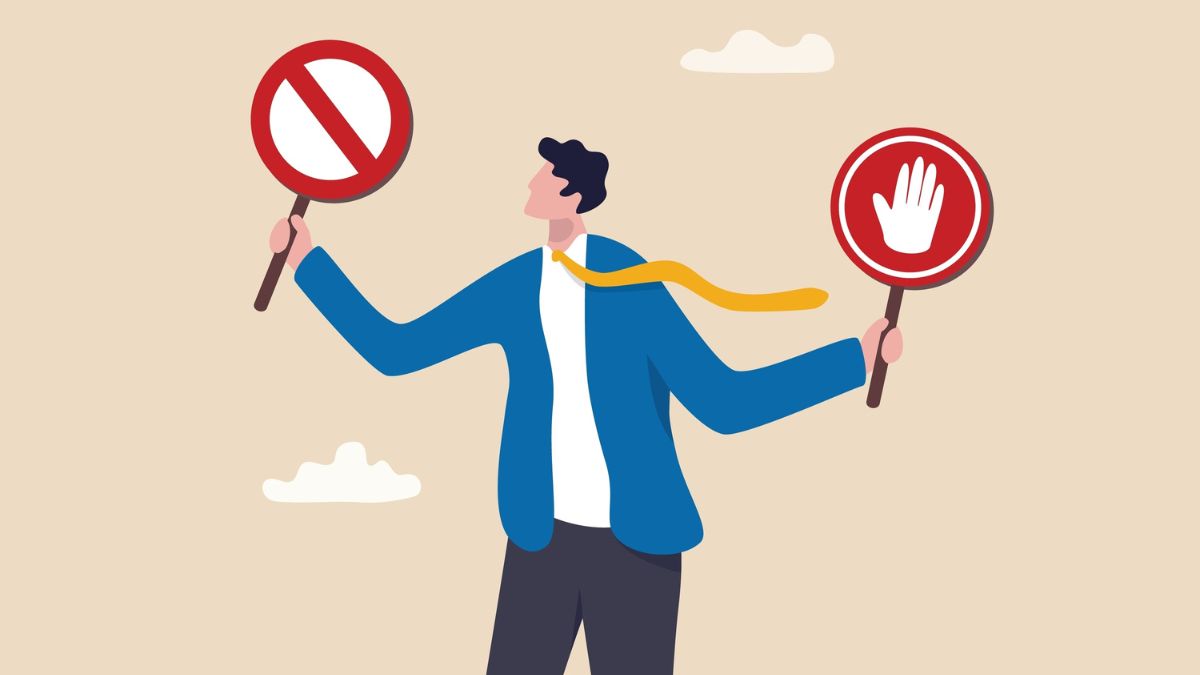 an illustration of a man holding two signs that indicate stop or banned