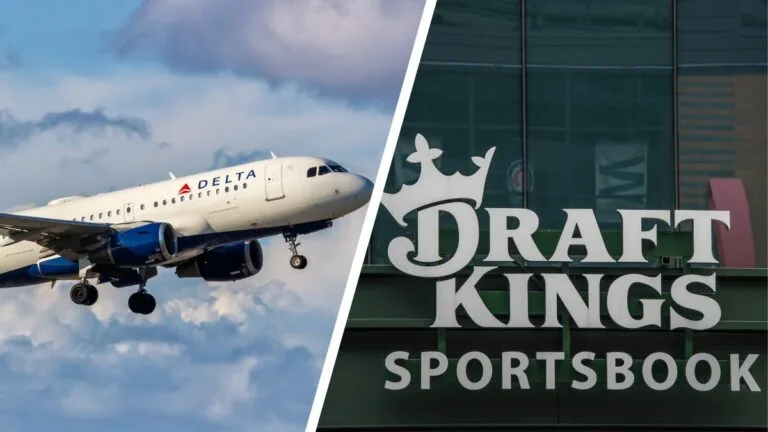 A Delta plane pictured next to a DraftKings Sportsbook logo