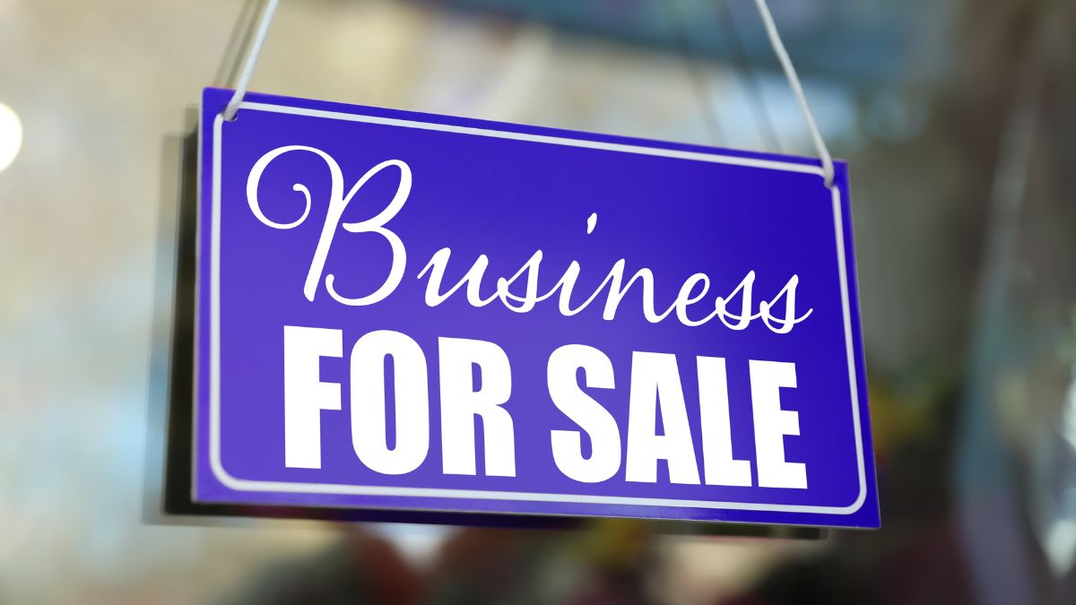 hanging puply-blue and white sign reads business for sale against blurred glass background