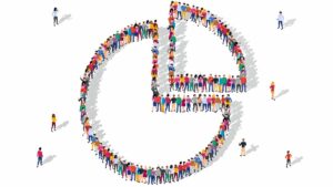 a pie chart made up of a diverse group of illustrated people on a white background. One quarter slice of 'pie' is separated out, and a few individual straglers mingle on the outside