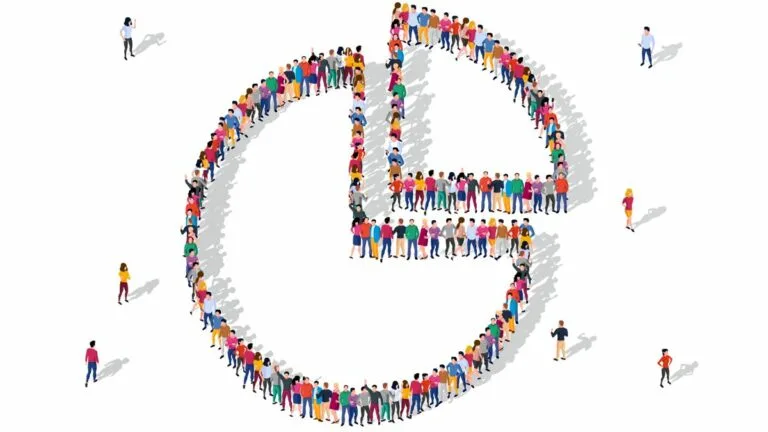 a pie chart made up of a diverse group of illustrated people on a white background. One quarter slice of 'pie' is separated out, and a few individual straglers mingle on the outside