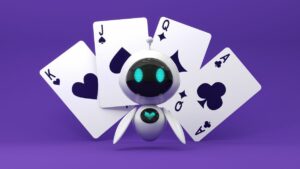 Illustration of cute wall-e style 'bot' centered in frame with back face and chest and blue eyes and heart with four black playing cards fanned out behind it against a deep purple background