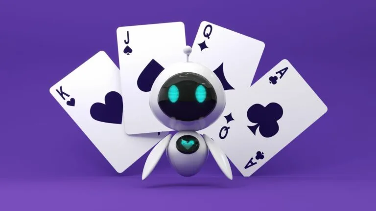 Illustration of cute wall-e style 'bot' centered in frame with back face and chest and blue eyes and heart with four black playing cards fanned out behind it against a deep purple background