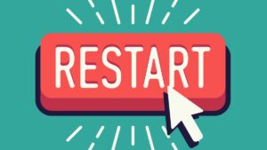 Digital Illustration. Red and white computer-style restart button on green background with white cursor hovering over emanating movement lines