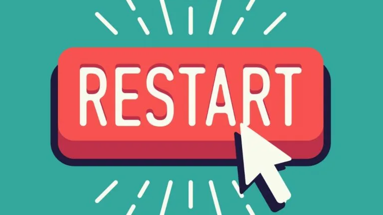 Digital Illustration. Red and white computer-style restart button on green background with white cursor hovering over emanating movement lines