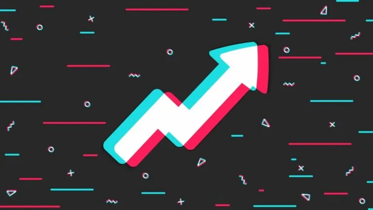 vector illustration-pink-aqua-white-up-arrows-verlaid-on-dark-background-with-same-color-shapes-lines-squiggles-filling-space
