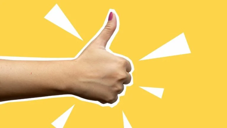Collage style art. Photo of woman's hand with pink thumb nail giving thumbs up against bright yellow background