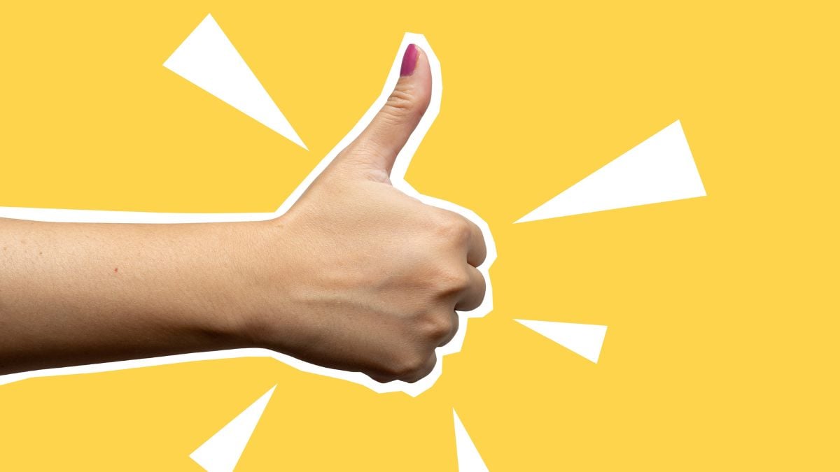 Collage style art. Photo of woman's hand with pink thumb nail giving thumbs up against bright yellow background