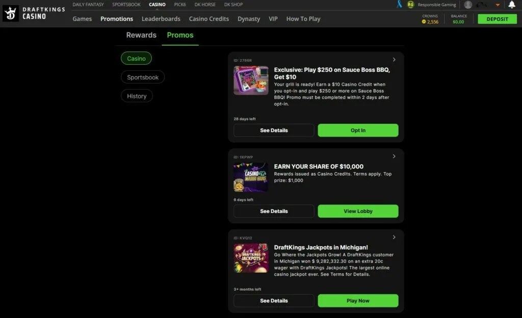 DraftKings Casino Promotions Page