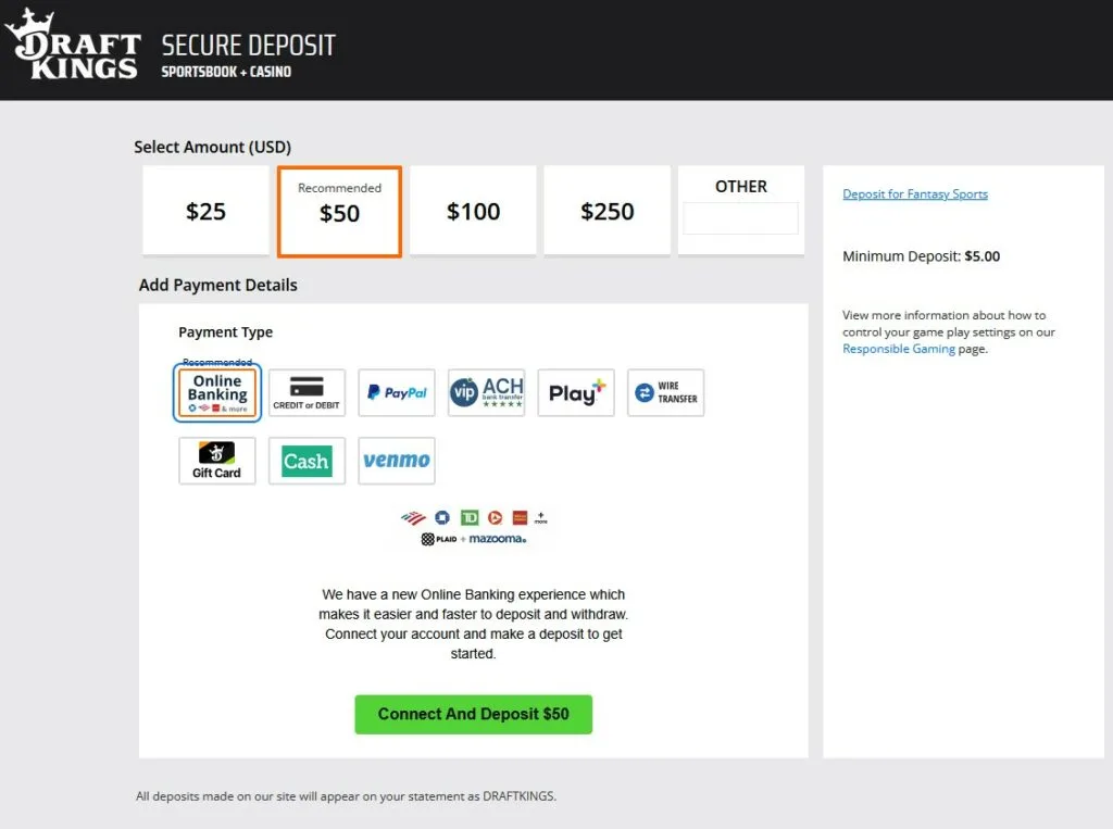 DraftKings Casino Deposit Page