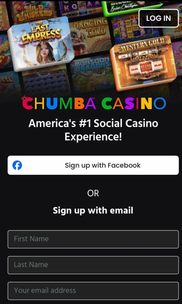 Chumba Casino sign-up screen