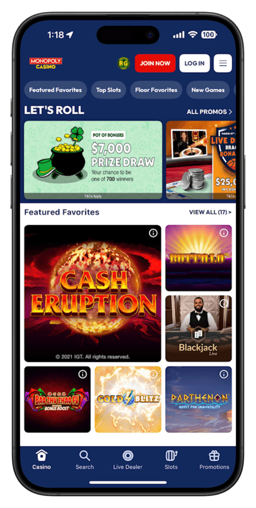 MONOPOLY Casino App Home