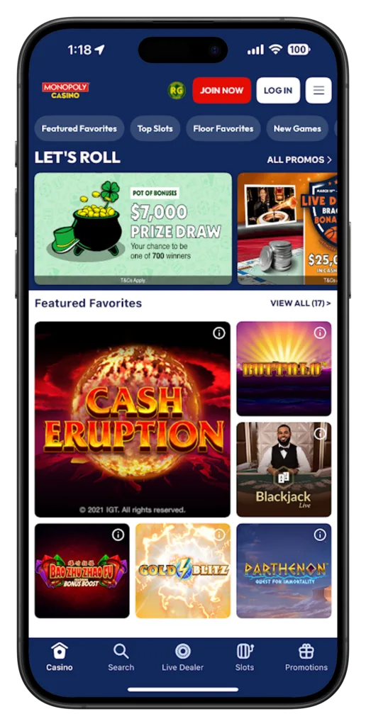 MONOPOLY Casino App Home