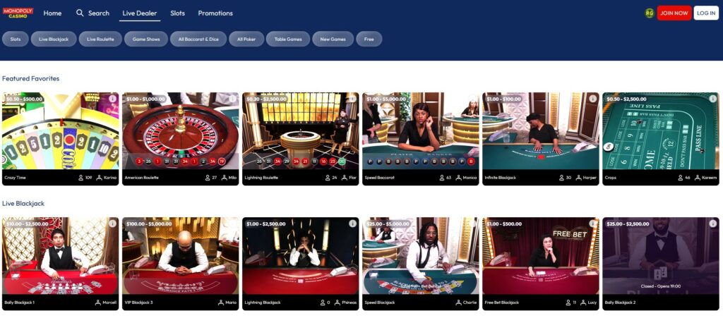 MONOPOLY Casino Live Dealer Page