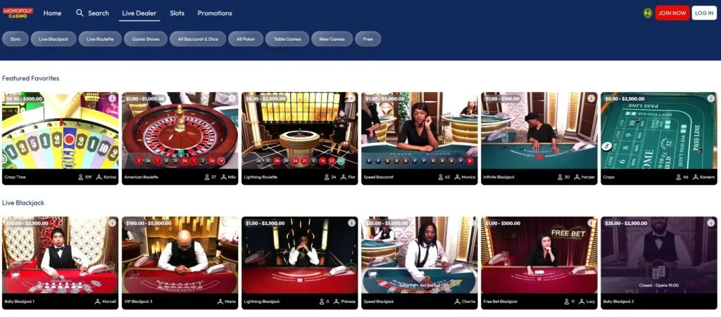 MONOPOLY Casino Live Dealer Page