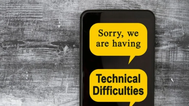 Black smarphone screen with two yellow text bubbles set against a gray woodgrain background. First reads: 'Sorry, we are having' and the second reads: 'technical difficulties'