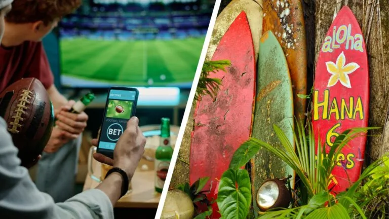 an image of people sports betting next to surf boards at a surf shop in hawaii