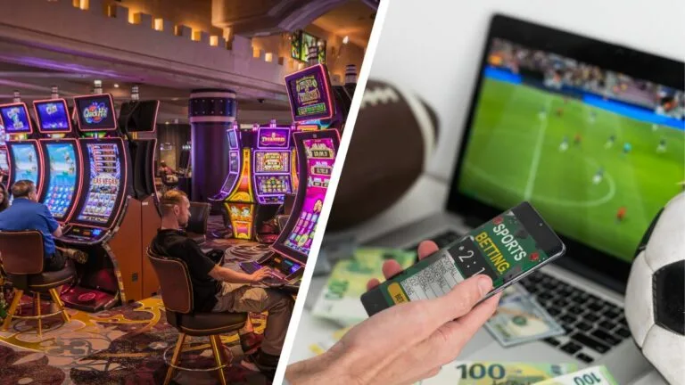 a couple of slot machine players next to someone making a sports bet while watching an event on his computer