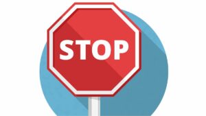 White background with illustrated two-toned blue circle centered. Red and white stop sign sits atop, and slightly outside blue circle's top left