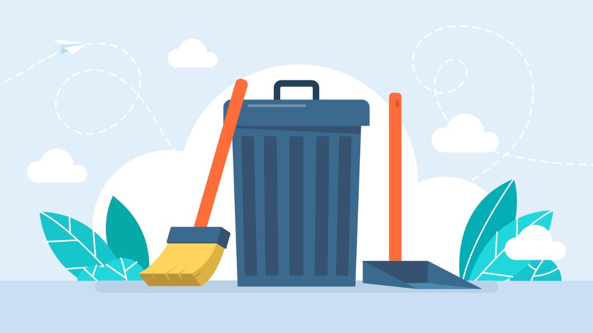 Illustration of dark metal trash can. Lid on, Broom resting against it to the left, long-handled dust pan to the right. Green foliage to either side, all against pale blue sky background with cliuds and paper airplane with flight trail