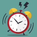 Digital illustration. Retro red alarm clock with yellow bells against gray-green background. Sound/movement icons suggest clock is ringing loudly