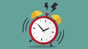 Digital illustration. Retro red alarm clock with yellow bells against gray-green background. Sound/movement icons suggest clock is ringing loudly