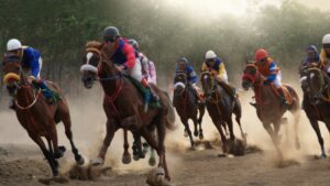 a horse race taking place on a dirt track