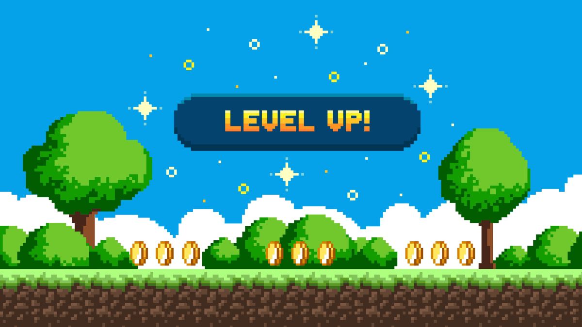Retro game design pixel art. Scene shows gold coins sitting atop brown earth and green grass. Green trees and blue sky fill background. Large game button reads level up