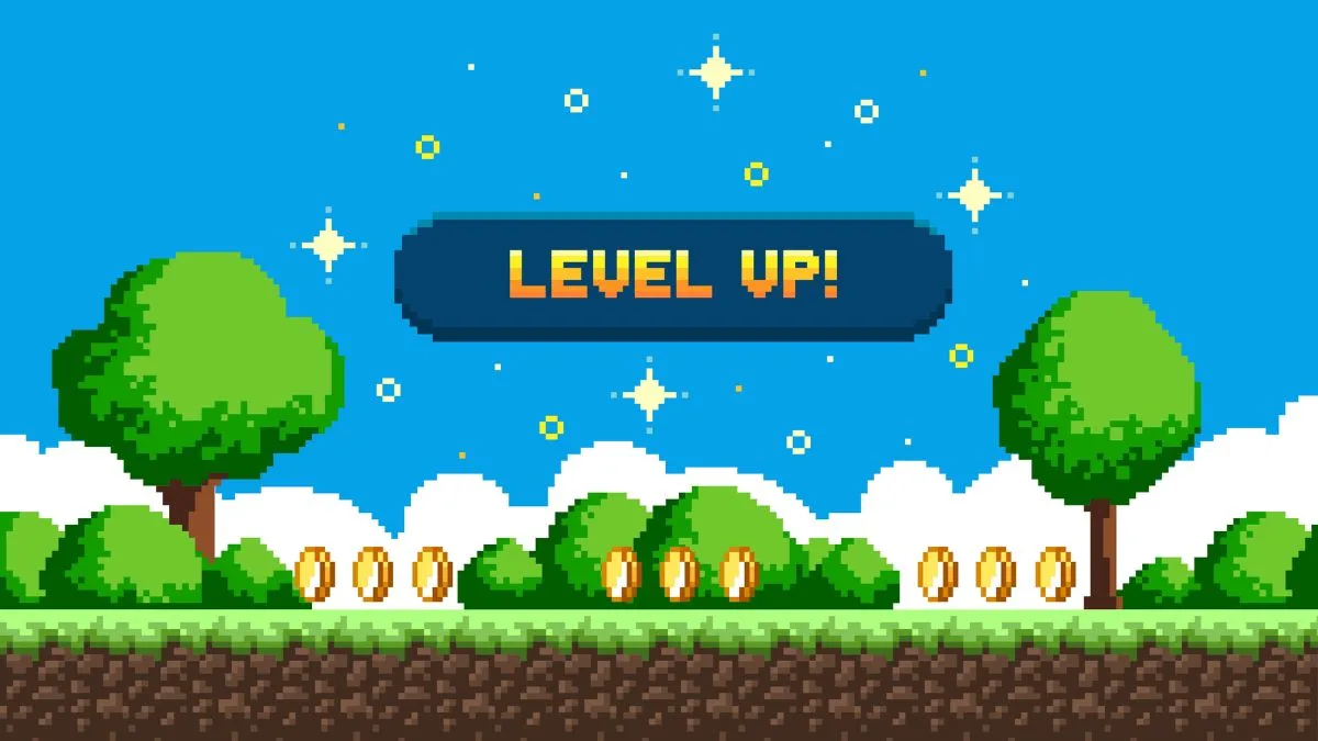 Retro game design pixel art. Scene shows gold coins sitting atop brown earth and green grass. Green trees and blue sky fill background. Large game button reads level up