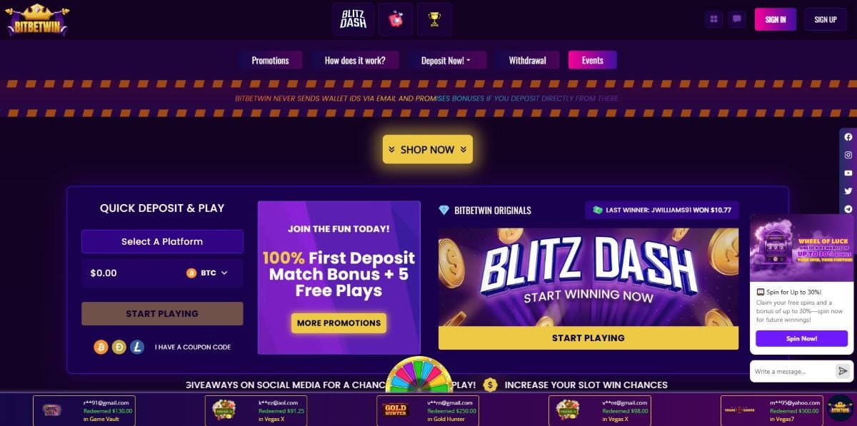 BitBetWin Main Screen
