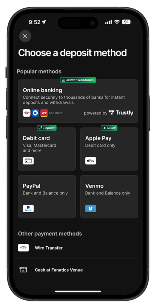 Fanatics Casino Deposit Page