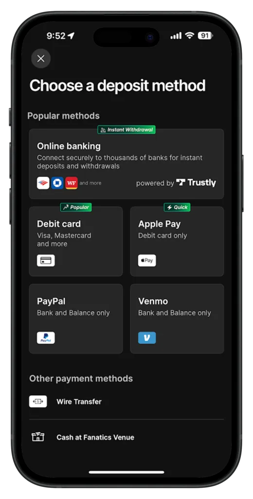 Fanatics Casino Deposit Page