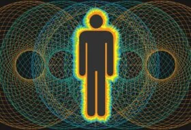 Illustration of a human body icon surrounded by electromagnetic wave patterns on a black background