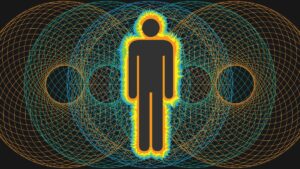 Illustration of a human body icon surrounded by electromagnetic wave patterns on a black background