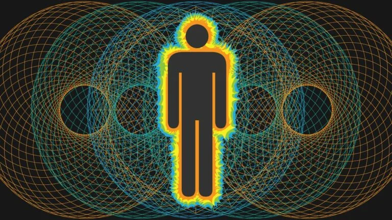 Illustration of a human body icon surrounded by electromagnetic wave patterns on a black background